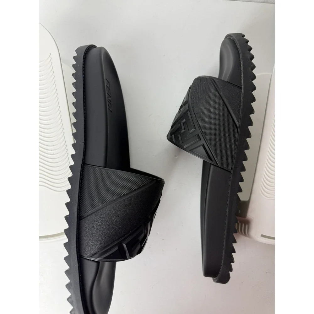 Fendi Men's FF Diagonal Logo Print Slides Men's Size 13 Black (Authenticated)